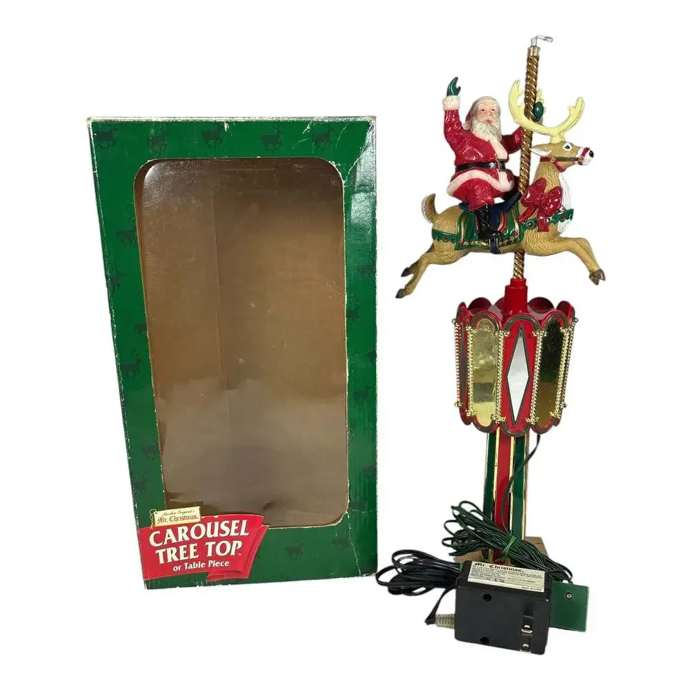 Mr Christmas Santa on Reindeer Carousel Tree Topper Table Piece Animated Working
